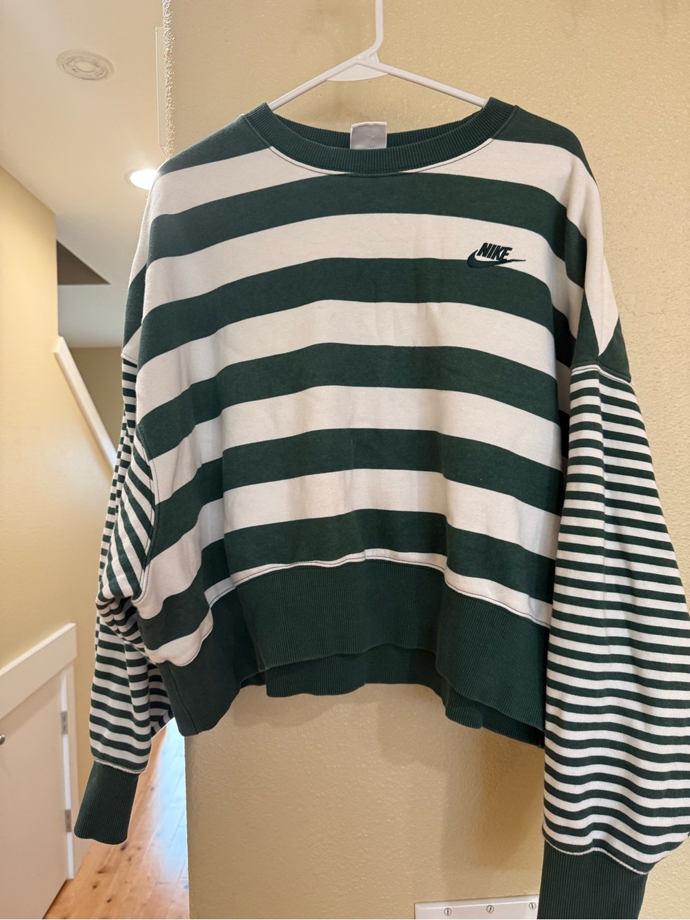 Nike Women's Green and White Striped Crewneck Sweater